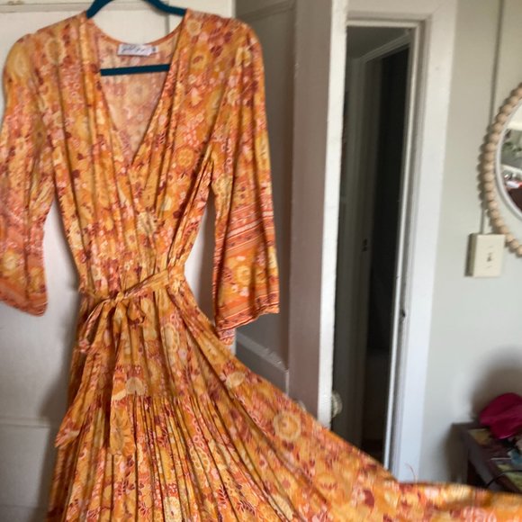 Petal + Pup Zesty Orange Midi Dress L with Tie Waist and Flowy Skirt - Picture 2 of 3